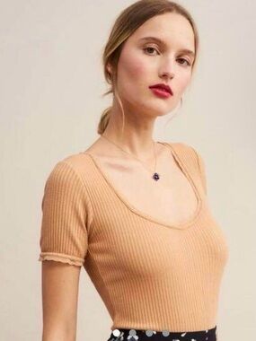 Rouje Paris Giuia Ribbed Lace Trim Scoop Neck Top Beige FR 36 US 4